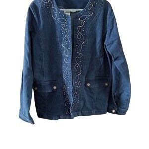 Blair Denim Jacket Womens Size M Blue Studded Swirl Open Front Long Sleeve